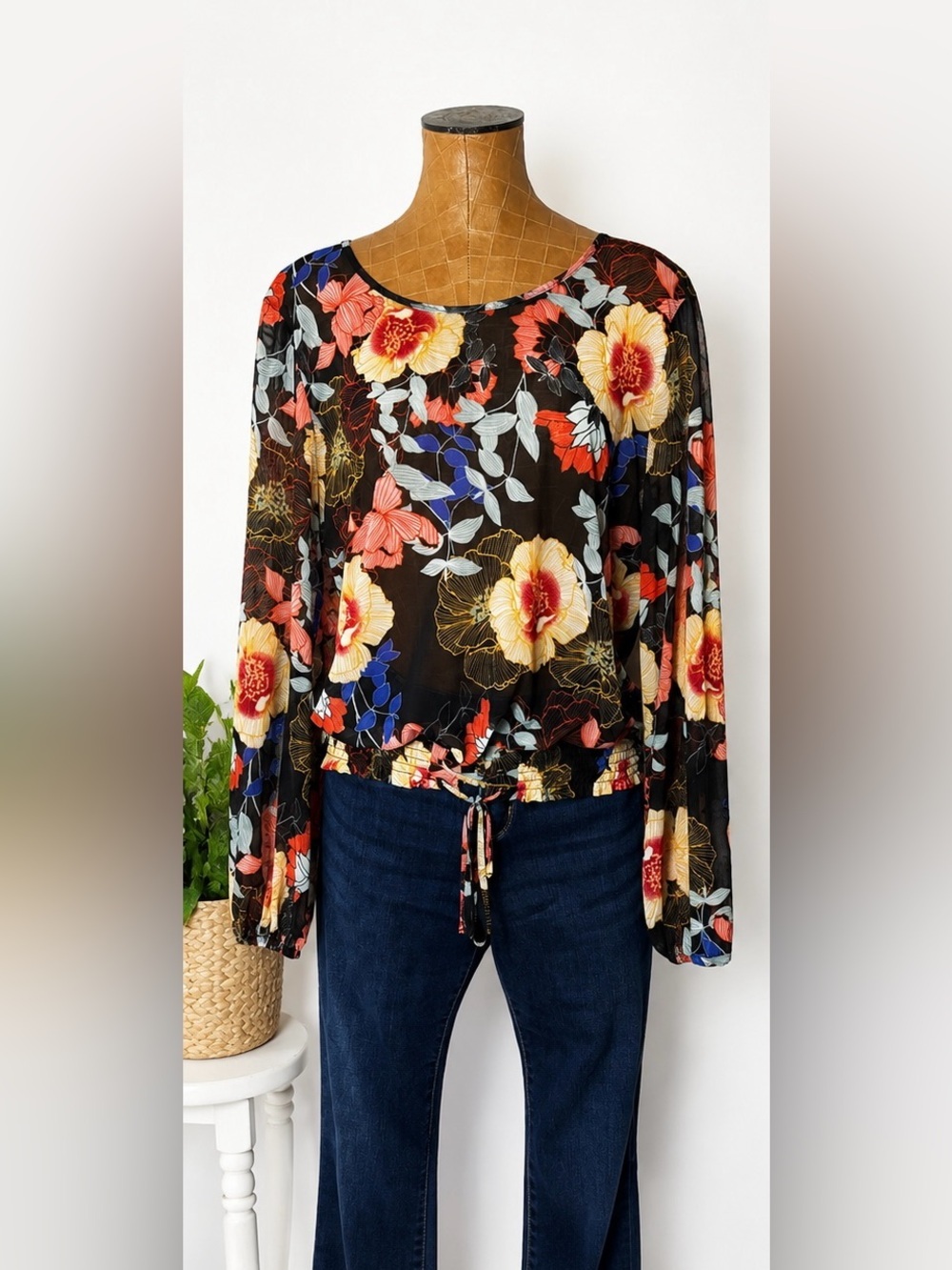 Willow & Root Floral Sheer Peasant Blouse Boho Tie Hem Top XL